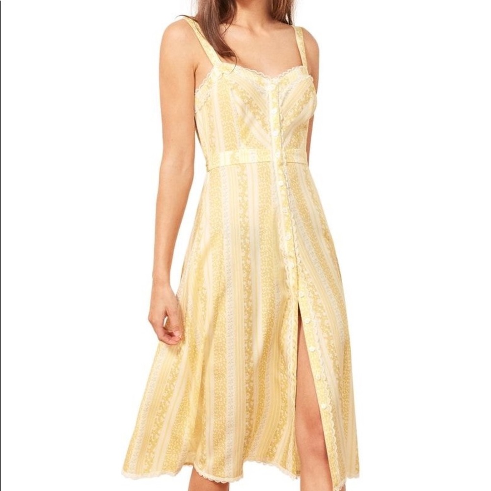 Reformation Yellow Stripe Lace-Trim Midi Dress